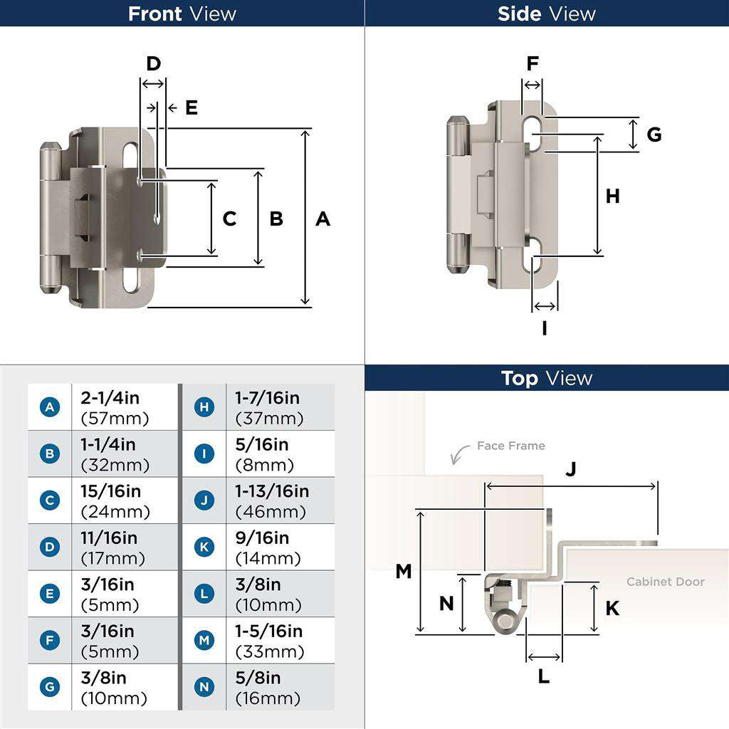 AMEROCK Self Closing 3/8" Inset Partial Wrap Cabinet Hinge (pair) in Satin Nickel BPR7565G10 Specs