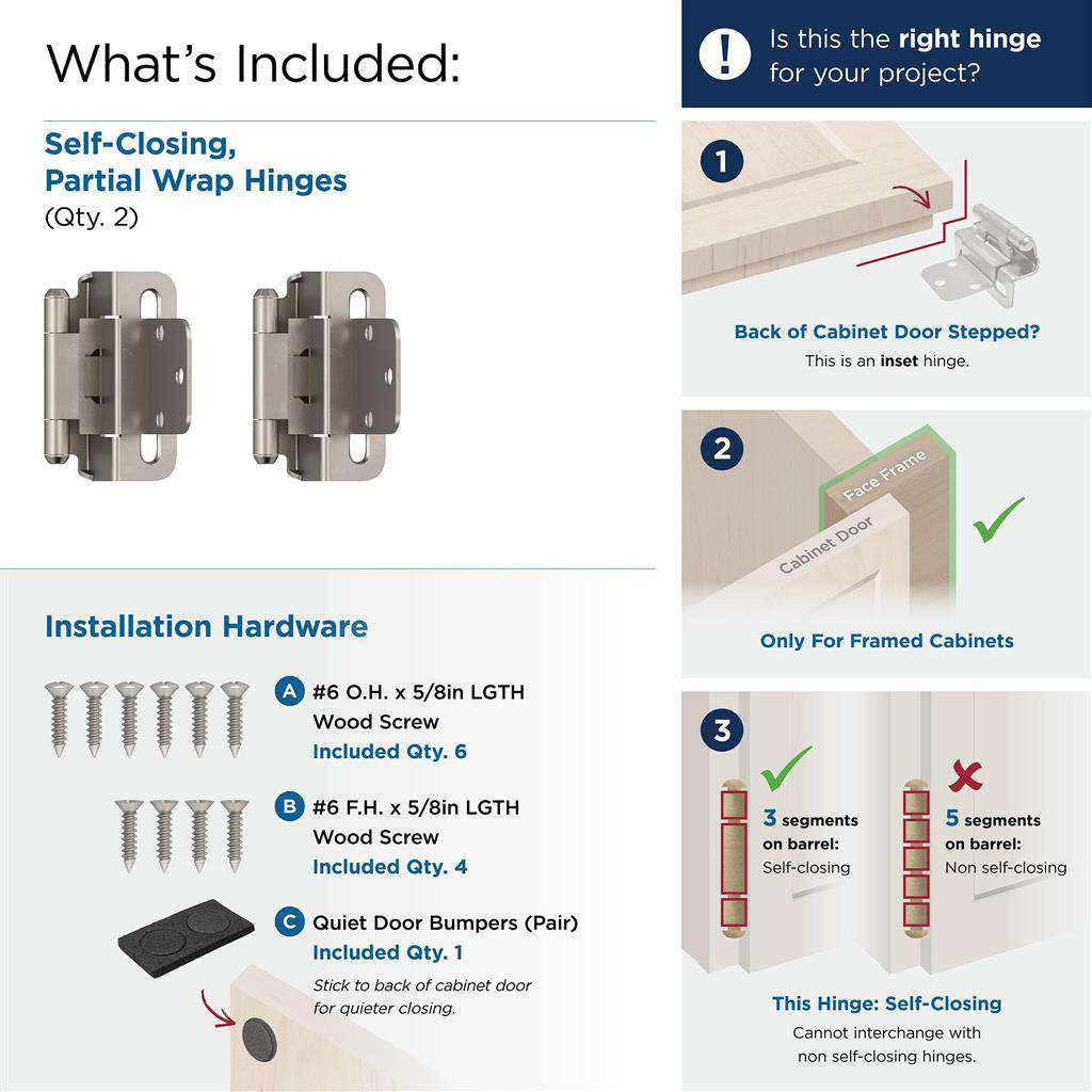 AMEROCK Self Closing 3/8" Inset Partial Wrap Cabinet Hinge (pair) in Satin Nickel BPR7565G10 What's Included