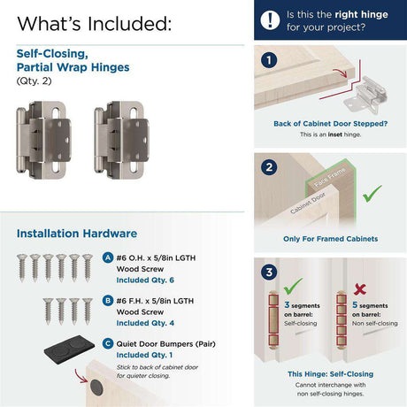 AMEROCK Self Closing 3/8" Inset Partial Wrap Cabinet Hinge (pair) in Satin Nickel BPR7565G10 What's Included