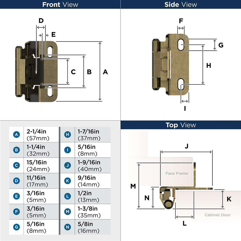 AMEROCK Self Closing Partial Wrap 1/2" Overlay Cabinet Hinge (pair) in Burnished Brass BPR7550BB Specs