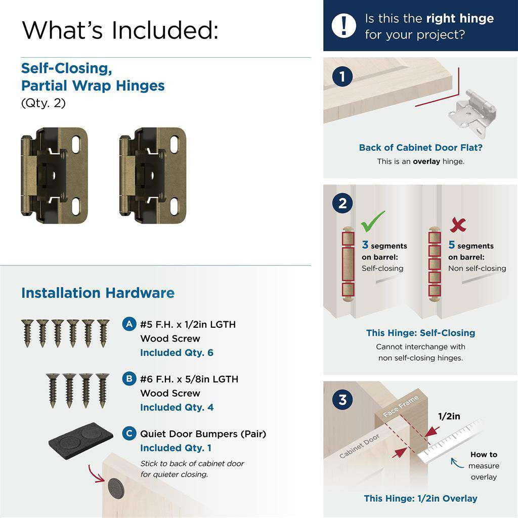 AMEROCK Self Closing Partial Wrap 1/2" Overlay Cabinet Hinge (pair) in Burnished Brass BPR7550BB What's Included