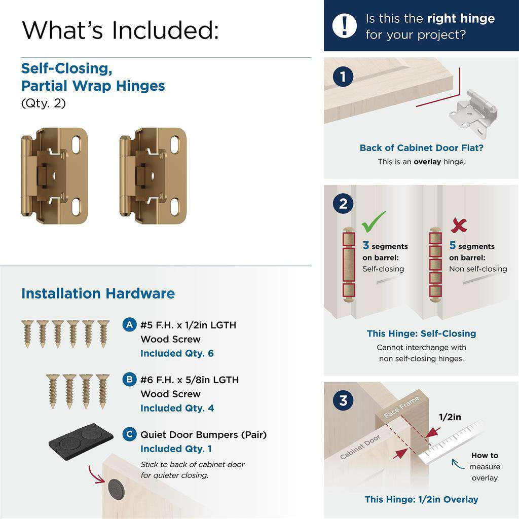 AMEROCK Self Closing Partial Wrap 1/2" Overlay Cabinet Hinge (pair) in Champagne Bronze BPR7550CZ What's Included
