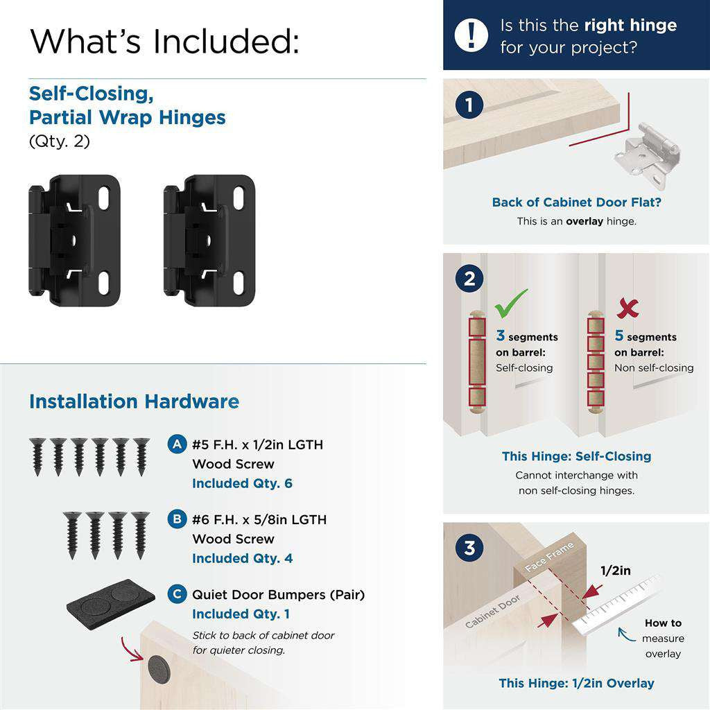 AMEROCK Self Closing Partial Wrap 1/2" Overlay Cabinet Hinge (pair) in Flat Black BPR7550FB What's Included