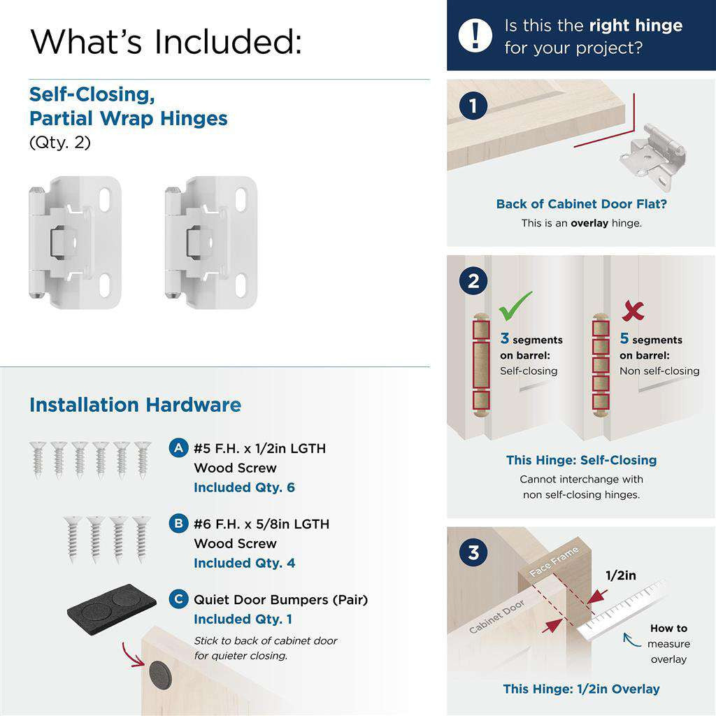 AMEROCK Self Closing Partial Wrap 1/2" Overlay Cabinet Hinge (pair) in White BPR7550W What's Included