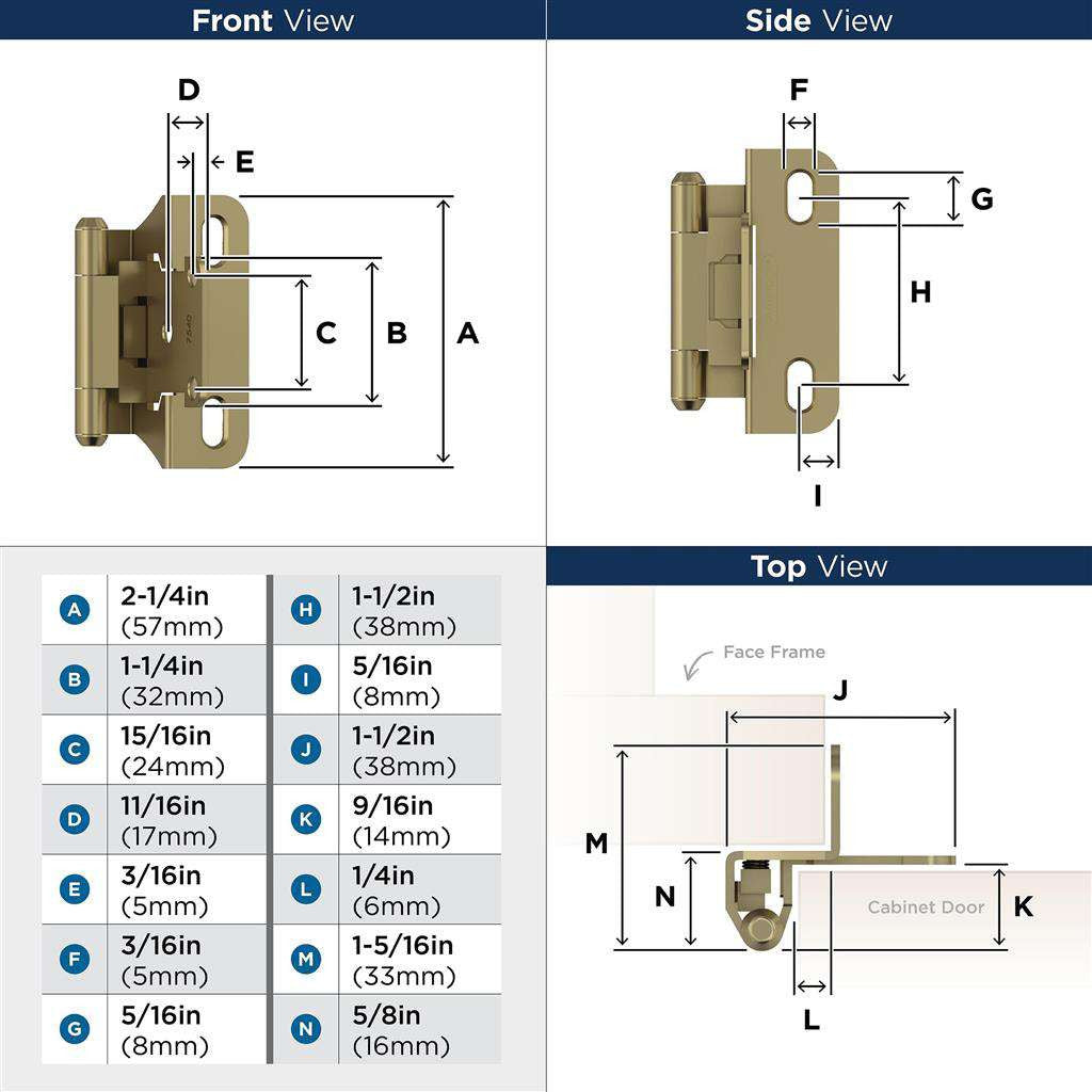AMEROCK Self Closing Partial Wrap 1/4" Overlay Cabinet Hinge (pair) in Champagne Bronze BPR7566CZ Specs