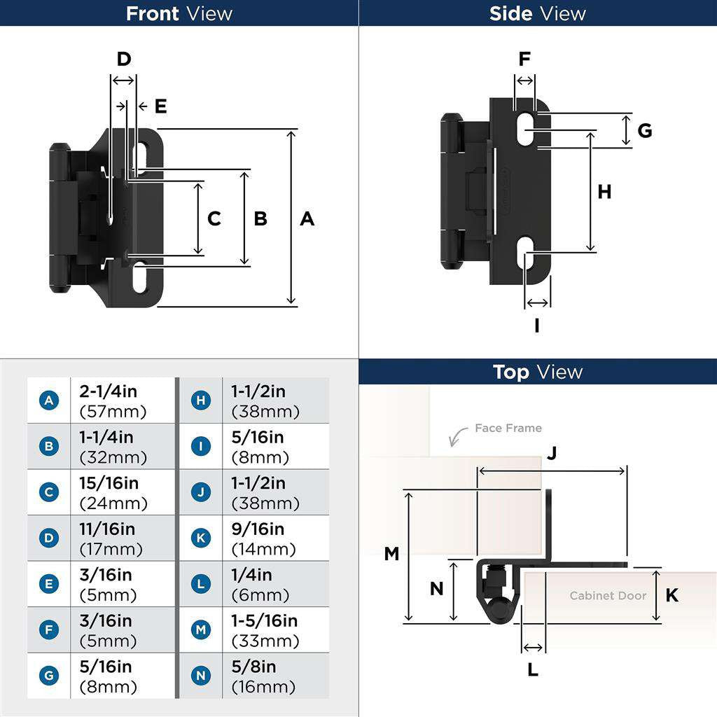 AMEROCK Self Closing Partial Wrap 1/4" Overlay Cabinet Hinge (pair) in Flat Black BPR7566FB Specs