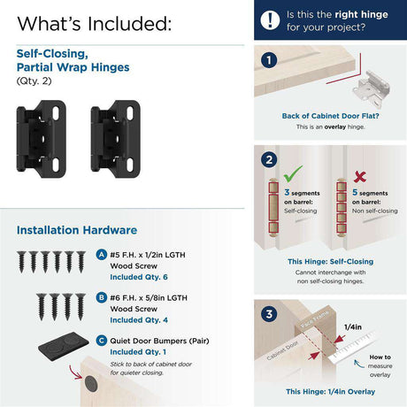 AMEROCK Self Closing Partial Wrap 1/4" Overlay Cabinet Hinge (pair) in Flat Black BPR7566FB What's Included