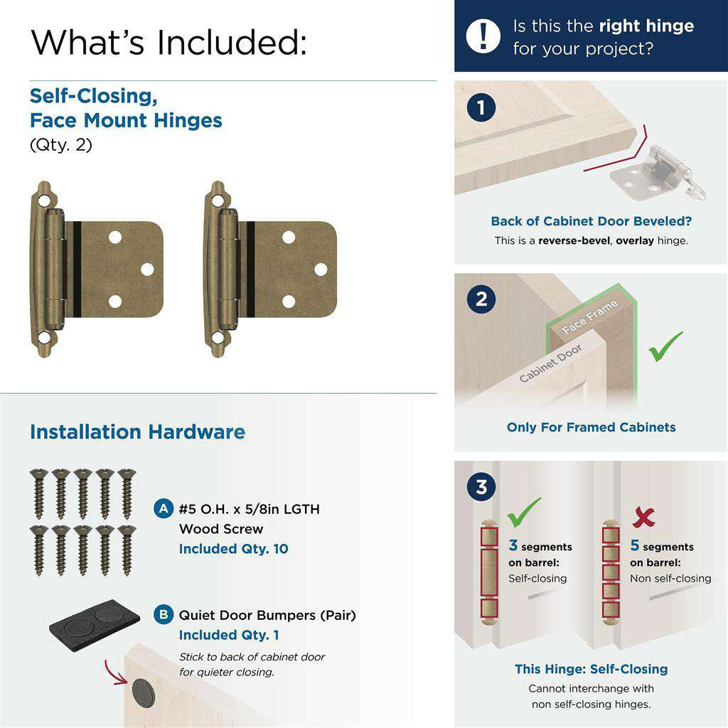 AMEROCK Self Closing Reverse Bevel Variable Overlay Cabinet Hinge (pair) in Burnished Brass BPR7630BB What's Included