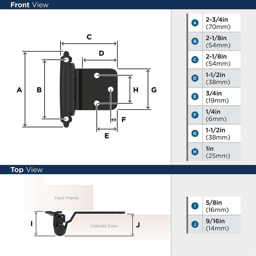 AMEROCK Self Closing Reverse Bevel Variable Overlay Cabinet Hinge (pair) in Flat Black BPR7630FB Specs