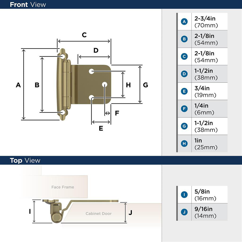 AMEROCK Self Closing Reverse Bevel Variable Overlay Cabinet Hinge (pair) in Golden Champagne BPR7630BBZ Specs
