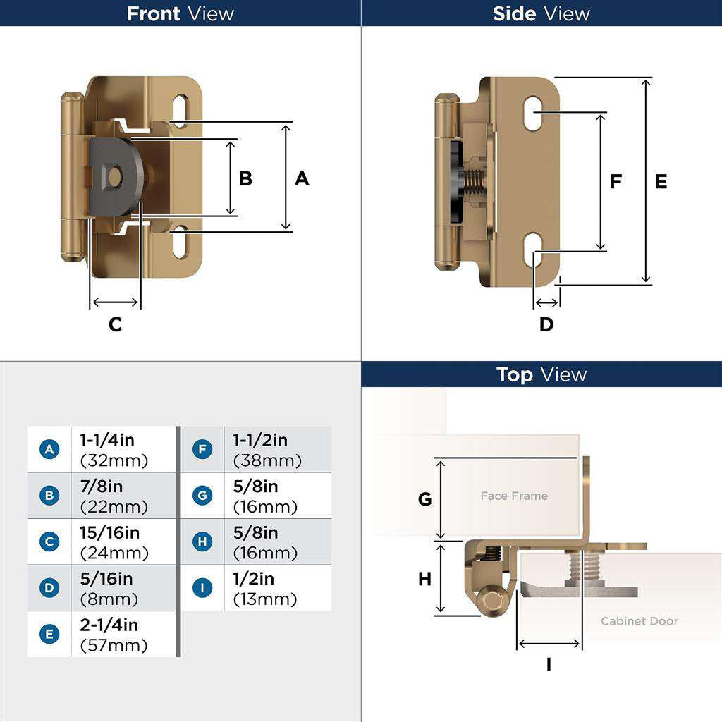 AMEROCK Single Demountable 1/2" Overlay Cabinet Hinge (pair) in Champagne Bronze BPR8719CZ Specs