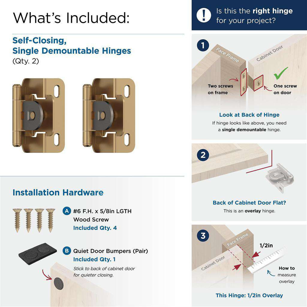 AMEROCK Single Demountable 1/2" Overlay Cabinet Hinge (pair) in Champagne Bronze BPR8719CZ What's Included