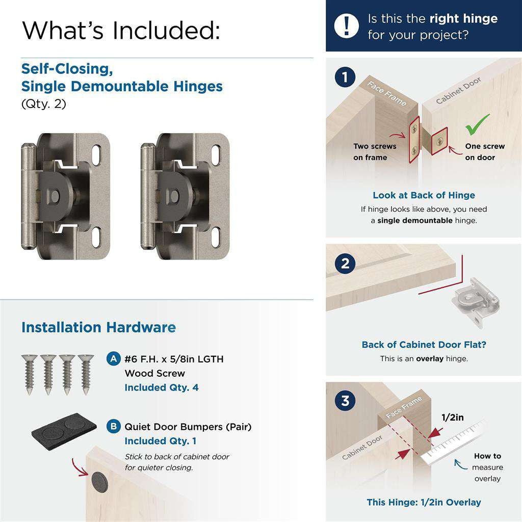 AMEROCK Single Demountable 1/2" Overlay Cabinet Hinge (pair) in Nickel BPR871914 What's Included