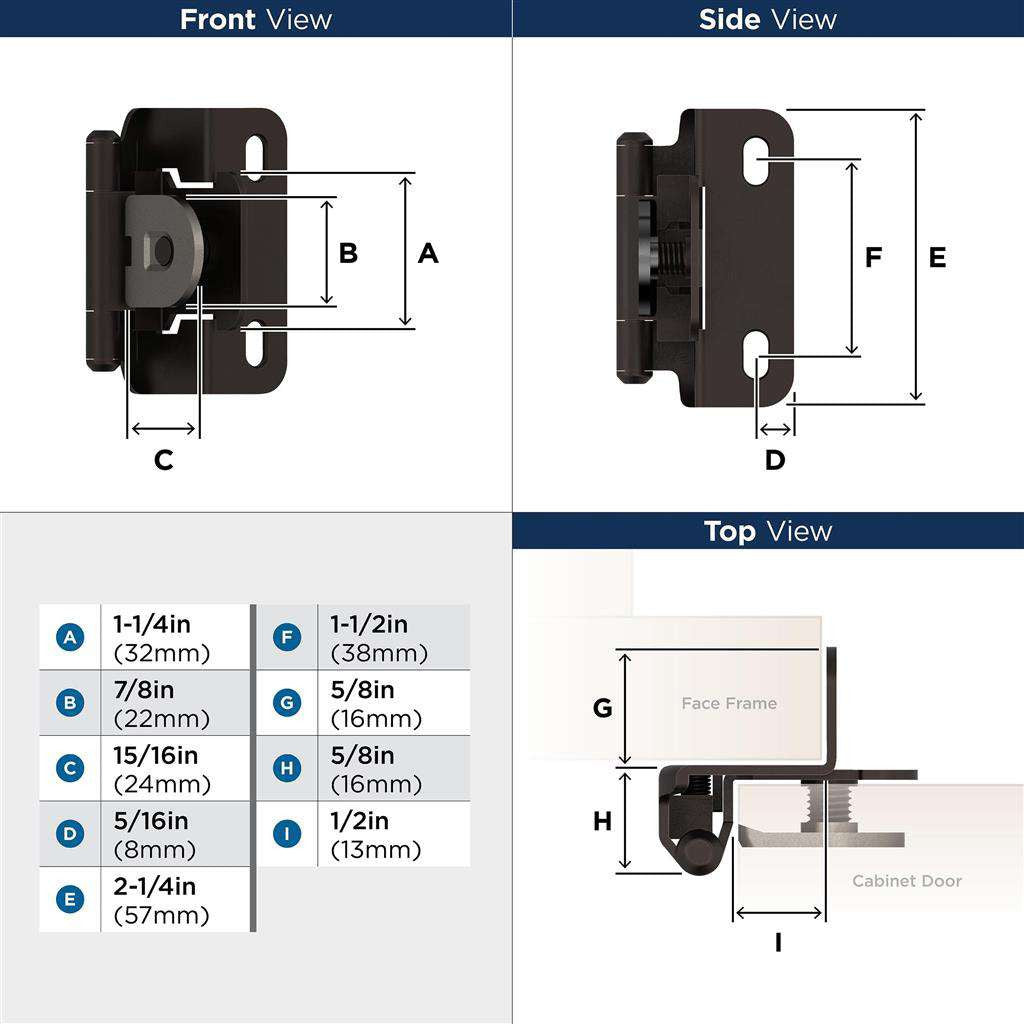 AMEROCK Single Demountable 1/2" Overlay Cabinet Hinge (pair) in Oil Rubbed Bronze BPR8719ORB Specs