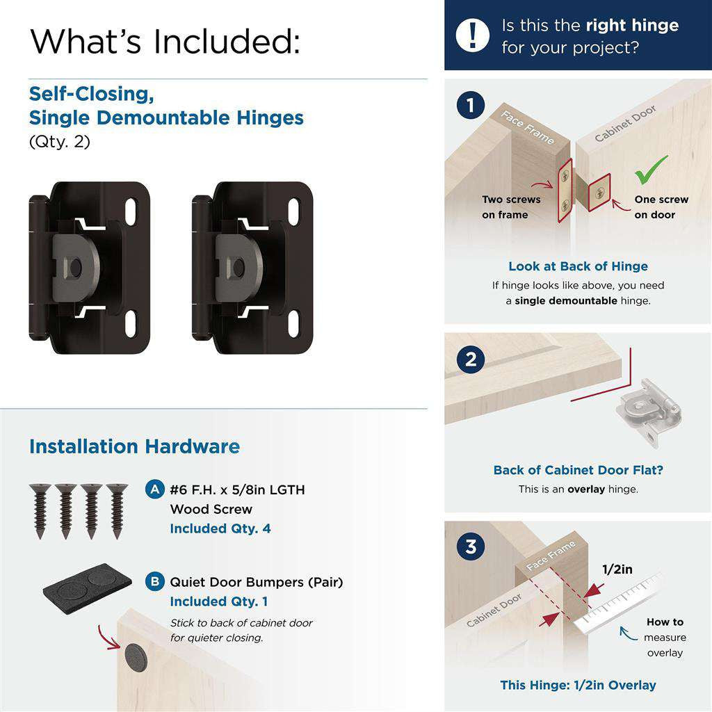 AMEROCK Single Demountable 1/2" Overlay Cabinet Hinge (pair) in Oil Rubbed Bronze BPR8719ORB What's Included