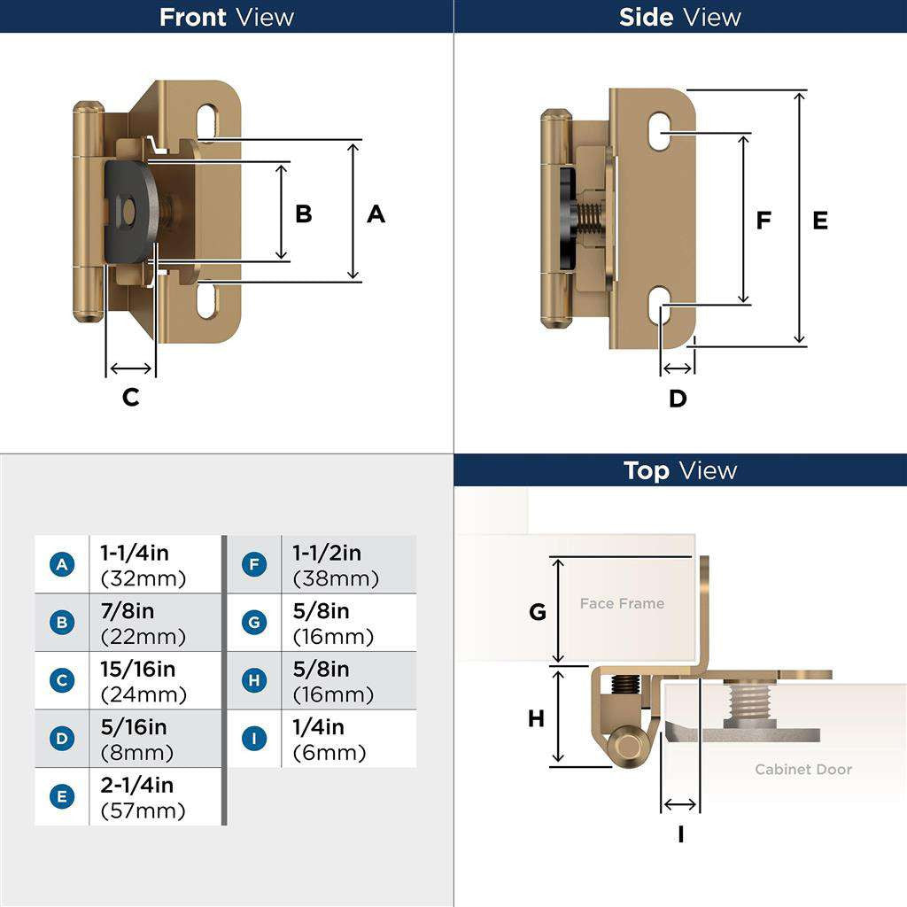 AMEROCK Single Demountable 1/4" Overlay Cabinet Hinge (pair) in Champagne Bronze BPR8715CZ Specs