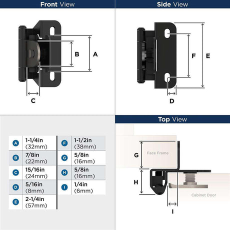 AMEROCK Single Demountable 1/4" Overlay Cabinet Hinge (pair) in Flat Black BPR8715FB Specs