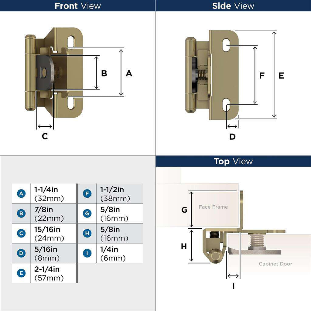 AMEROCK Single Demountable 1/4" Overlay Cabinet Hinge (pair) in Golden Champagne BPR8715BBZ Specs