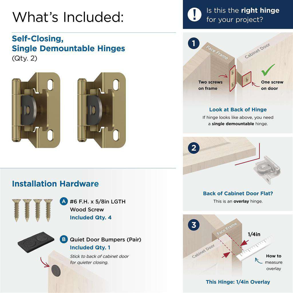 AMEROCK Single Demountable 1/4" Overlay Cabinet Hinge (pair) in Golden Champagne BPR8715BBZ What's Included
