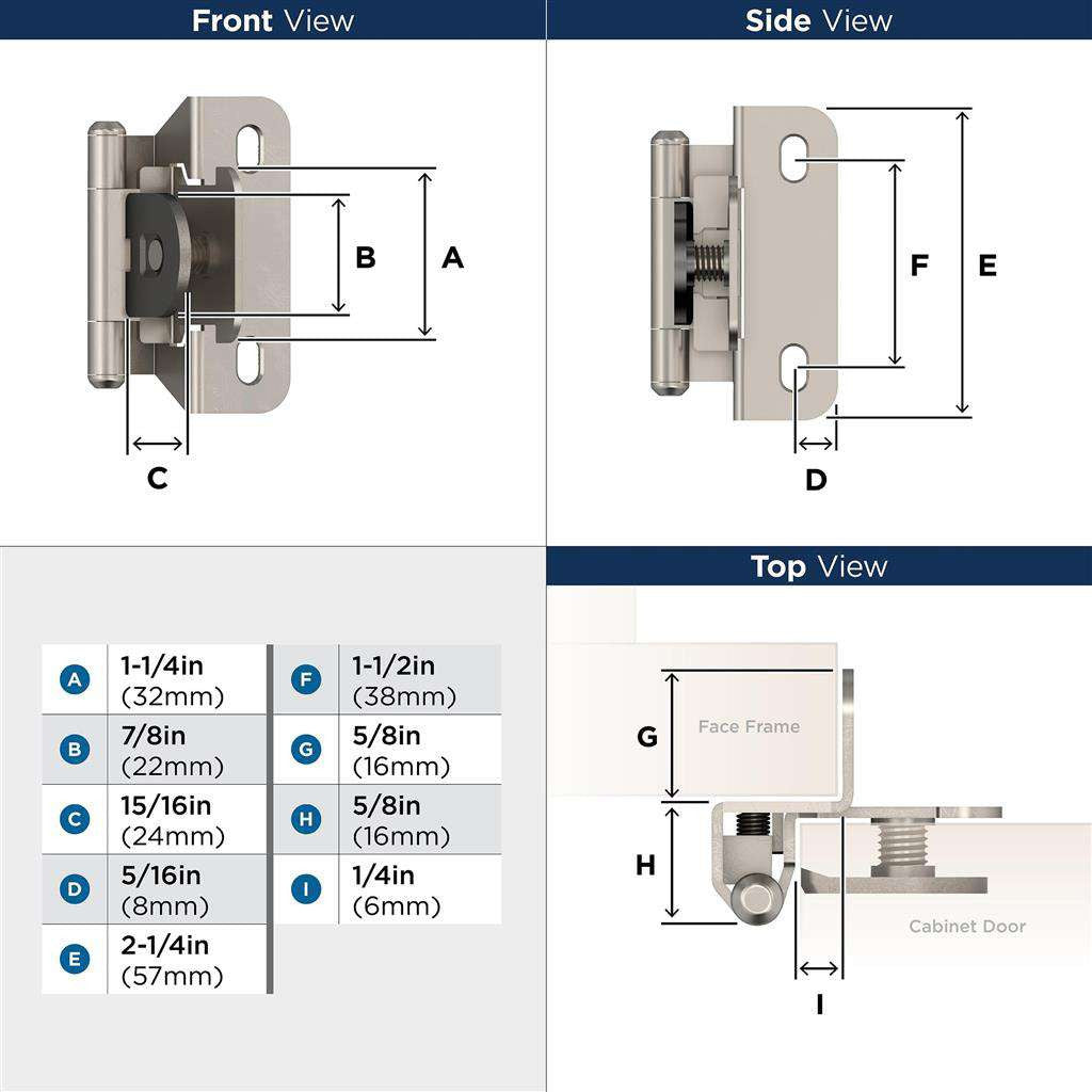 AMEROCK Single Demountable 1/4" Overlay Cabinet Hinge (pair) in Satin Nickel BPR8715FB Specs