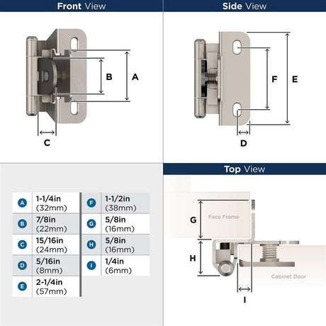 AMEROCK Single Demountable 1/4" Overlay Cabinet Hinge (pair) in Satin Nickel BPR8715FB Specs