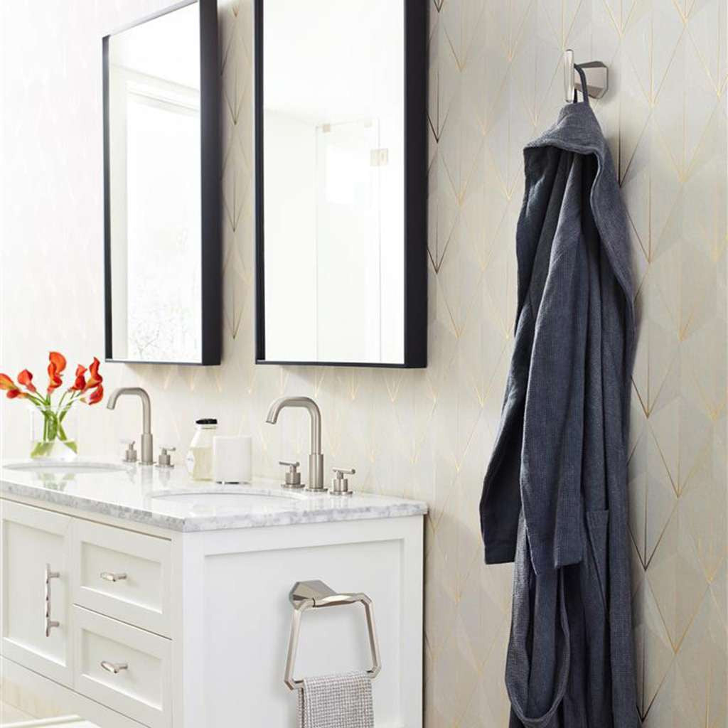 AMEROCK St. Vincent 2-1/2" Length Geometric Bar Knob in Satin Nickel BP36642G10 in White Bathroom