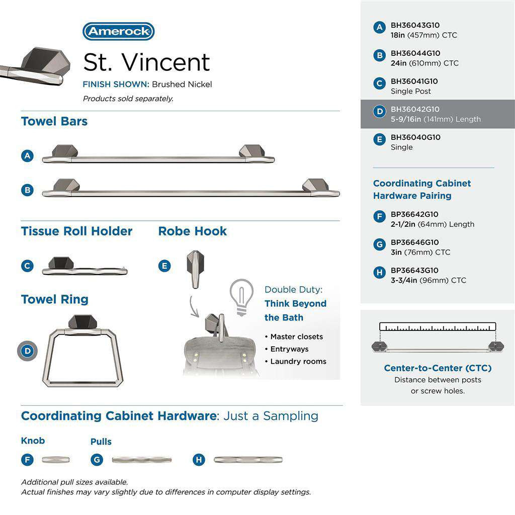 AMEROCK St. Vincent 6-3/4" Long Hanging Towel Ring in Brushed Nickel BH36042G10 Collection