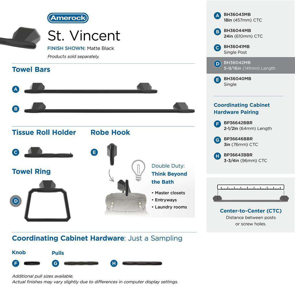 AMEROCK St. Vincent 6-3/4" Long Hanging Towel Ring in Matte Black BH36042MB Collection