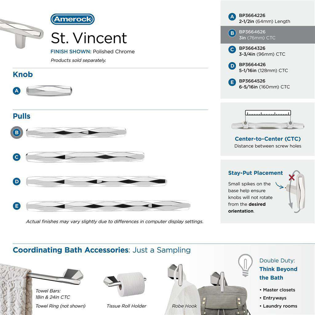 AMEROCK St. Vincent Geometric Bar Pulls in Polished Chrome 3" BP3664626 Collection