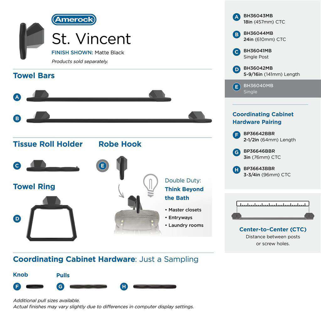 AMEROCK St. Vincent Single Robe Hook in Matte Black BH36040MB Collection