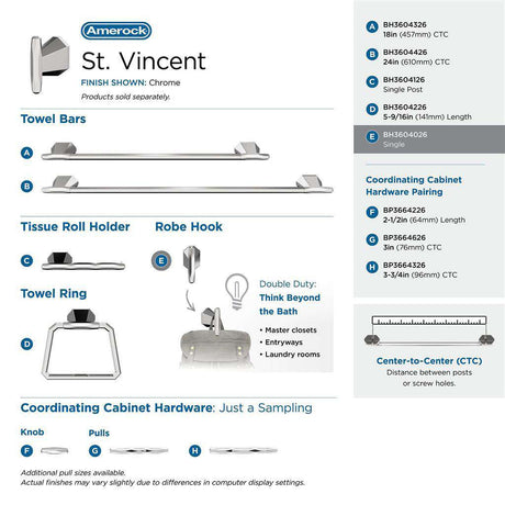 AMEROCK St. Vincent Single Robe Hook in Polished Chrome BH3604026 Collection