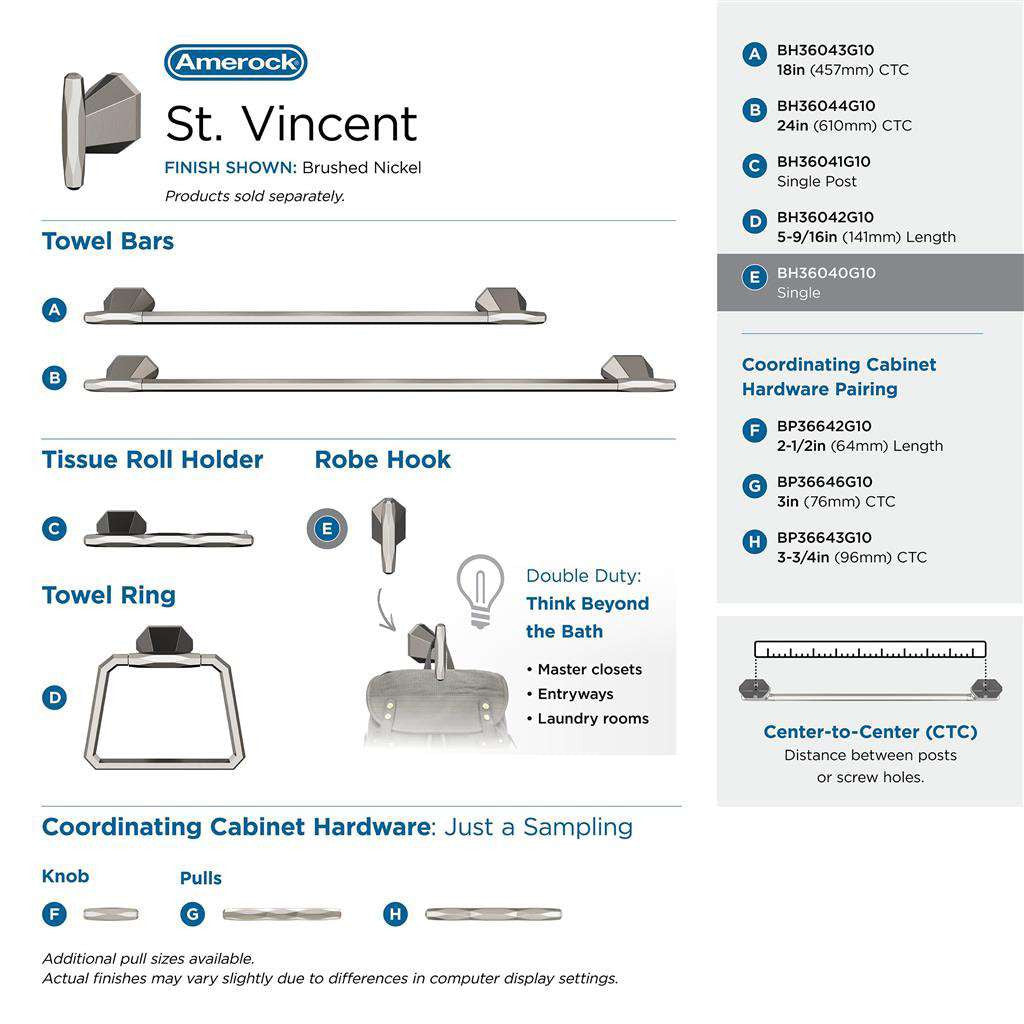 AMEROCK St. Vincent Single Robe Hook in Satin Nickel BH36040G10 Collection