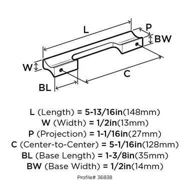 Back View Technical Drawing of a 128mm Handle from Amerock's Status Collection