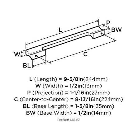Back View Technical Drawing of a 224mm Handle from Amerock's Status Collection