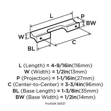 Back View Technical Drawing of a 96mm Handle from Amerock's Status Collection