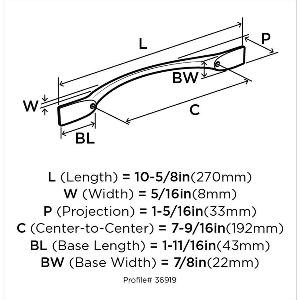 Amerock Uprise Curved Handle Pull in Satin Nickel 192mm BP36919G10 Specs