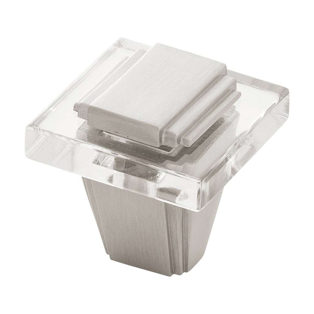 BELWITH KEELER Belleclaire 1-1/4" Length Square Cabinet Knob in Satin Nickel and Clear B077497-SN