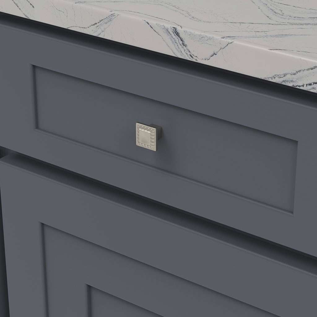 Belwith Keeler Bijou Astoria 1" Long Square Cabinet Knob in Satin Nickel B056407-MB Mounted