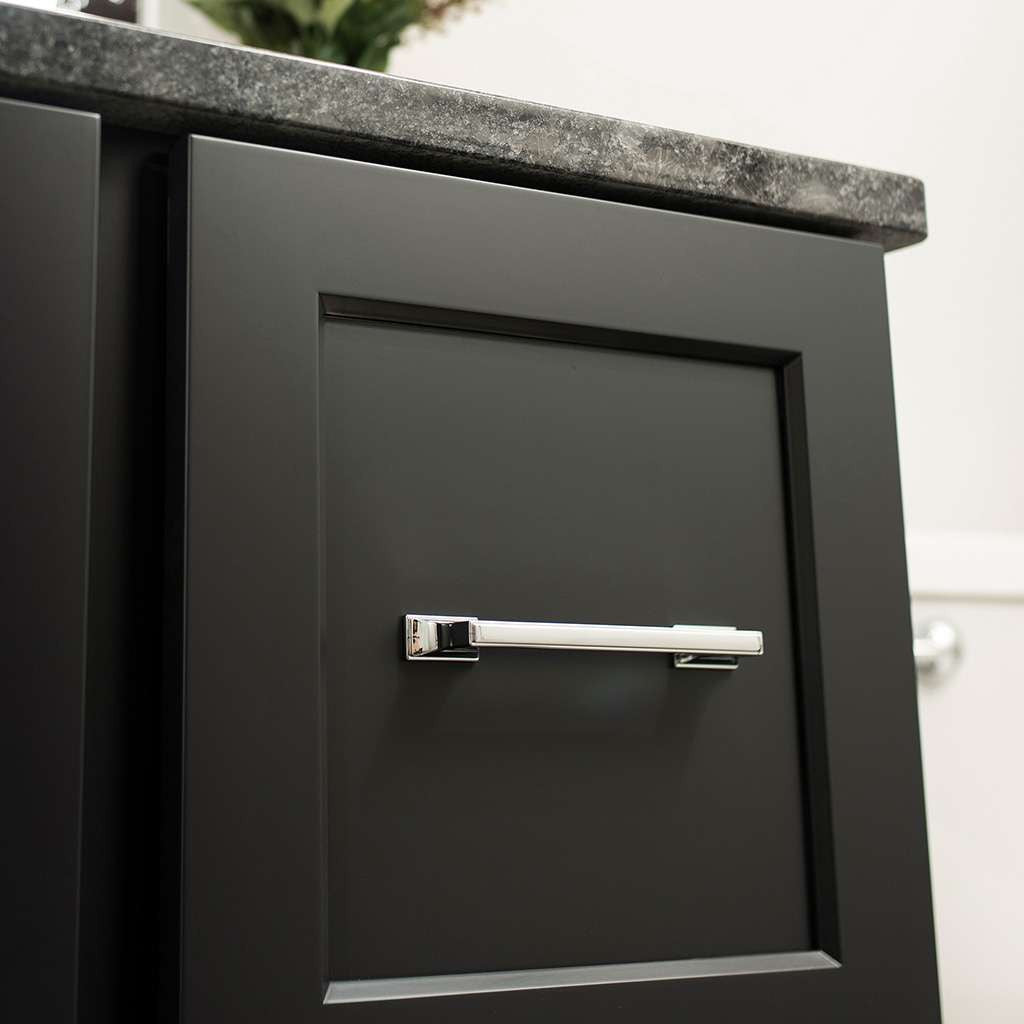 BELWITH KEELER Brownstone Handle Cabinet Pulls in Chrome 128mm B077462-CH on Black Drawer