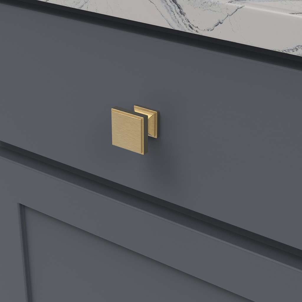Belwith Keeler Brownstone Square Cabinet Knob in Brushed Golden Brass 1-1/4" B077460-BGB Mounted