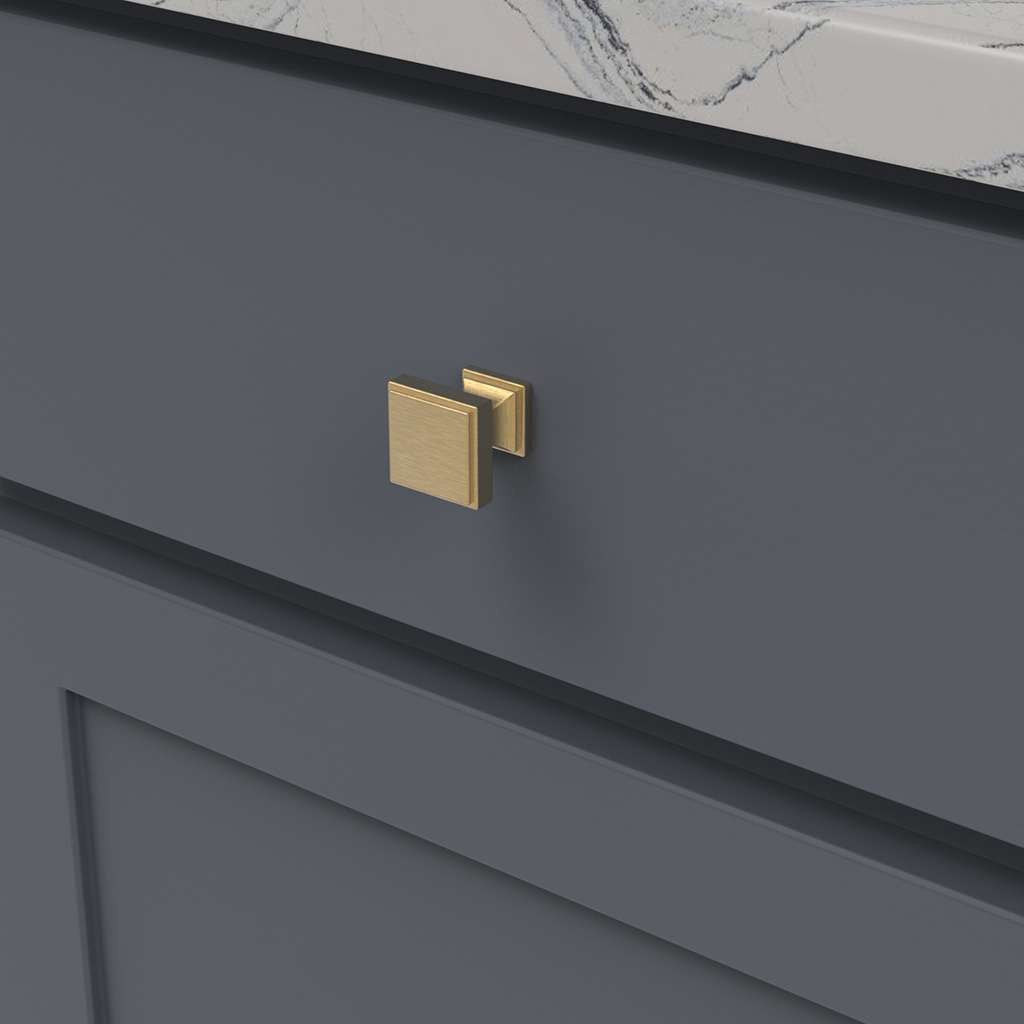 Belwith Keeler Brownstone Square Cabinet Knob in Brushed Golden Brass 1" B077458-BGB Mounted