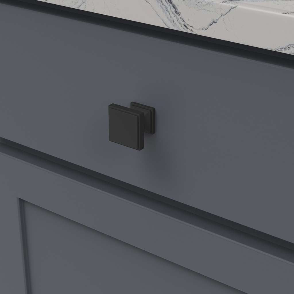 Belwith Keeler Brownstone Square Cabinet Knob in Matte Black 1-1/4" B077460-MB Mounted