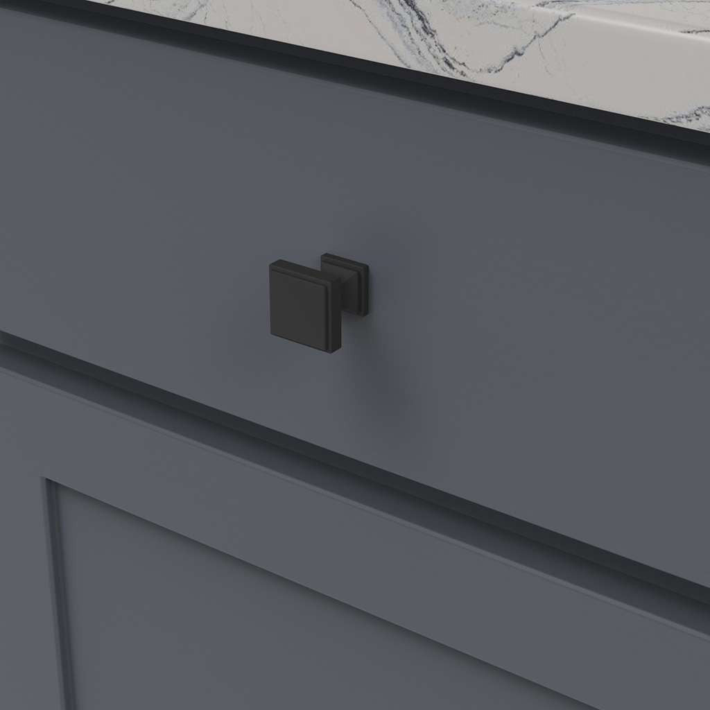 Belwith Keeler Brownstone Square Cabinet Knob in Matte Black 1" B077458-MB Mounted