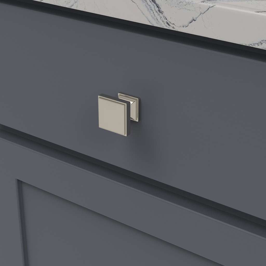 Belwith Keeler Brownstone Square Cabinet Knob in Polished Nickel 1-1/4" B077460-14 Mounted View