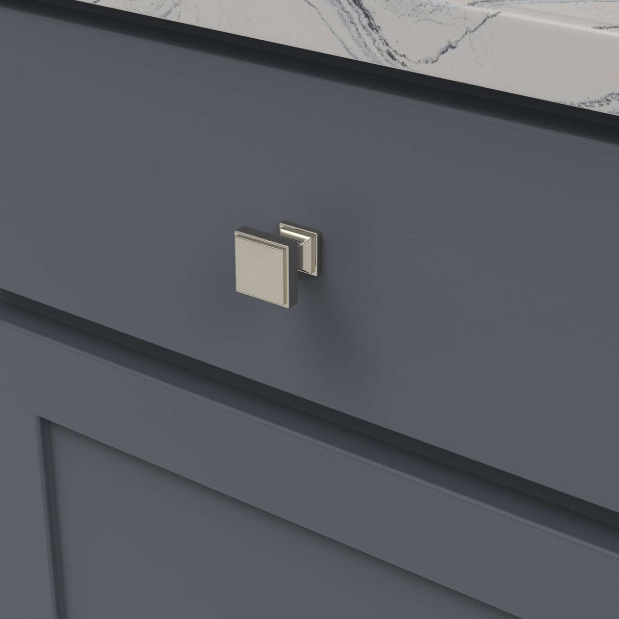 Belwith Keeler Brownstone Square Cabinet Knob in Polished Nickel 1" B077458-14 Mounted View