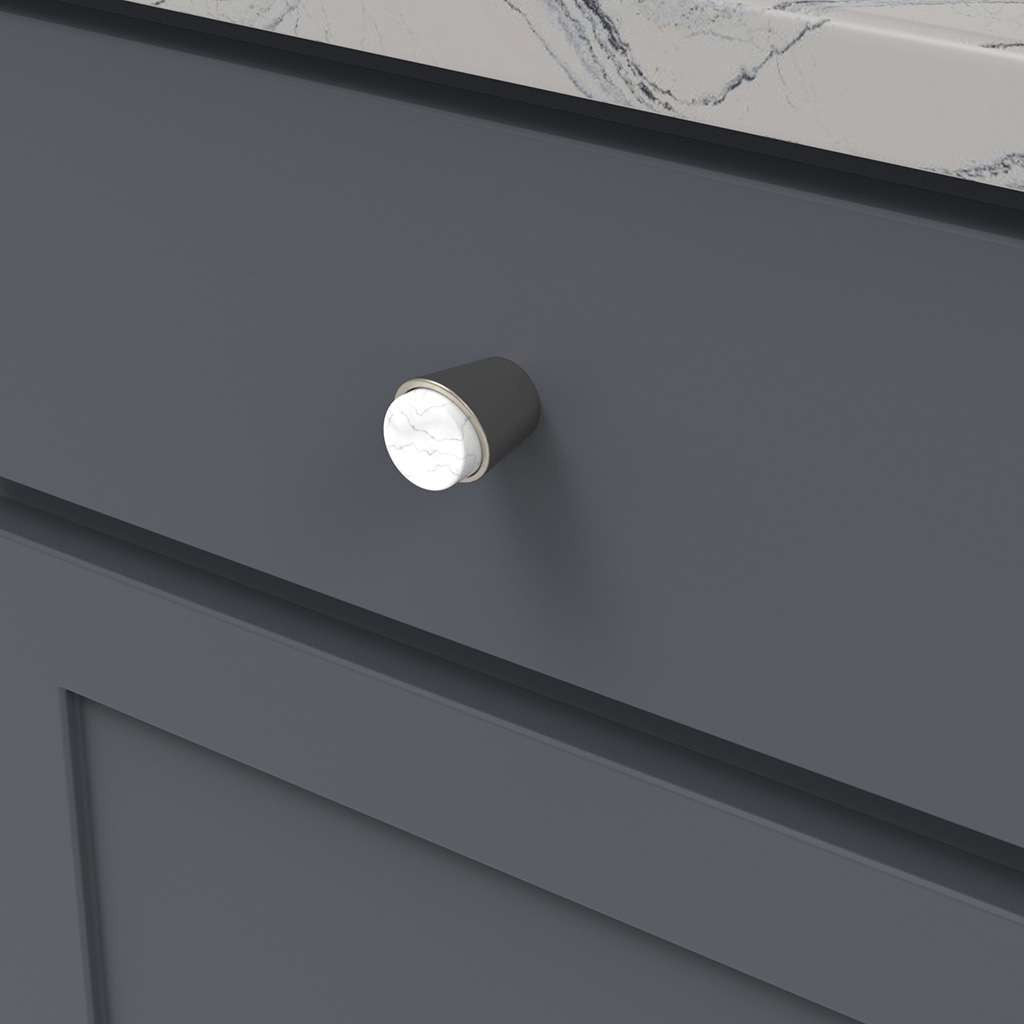 BELWITH KEELER Firenze 1-1/4" Diameter Cabinet Knob in White and Satin Nickel B077038MW-SN Mounted