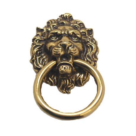 Front View of a Vintage Brass Lion Head Ring Drop Pull from Belwith P359-VB