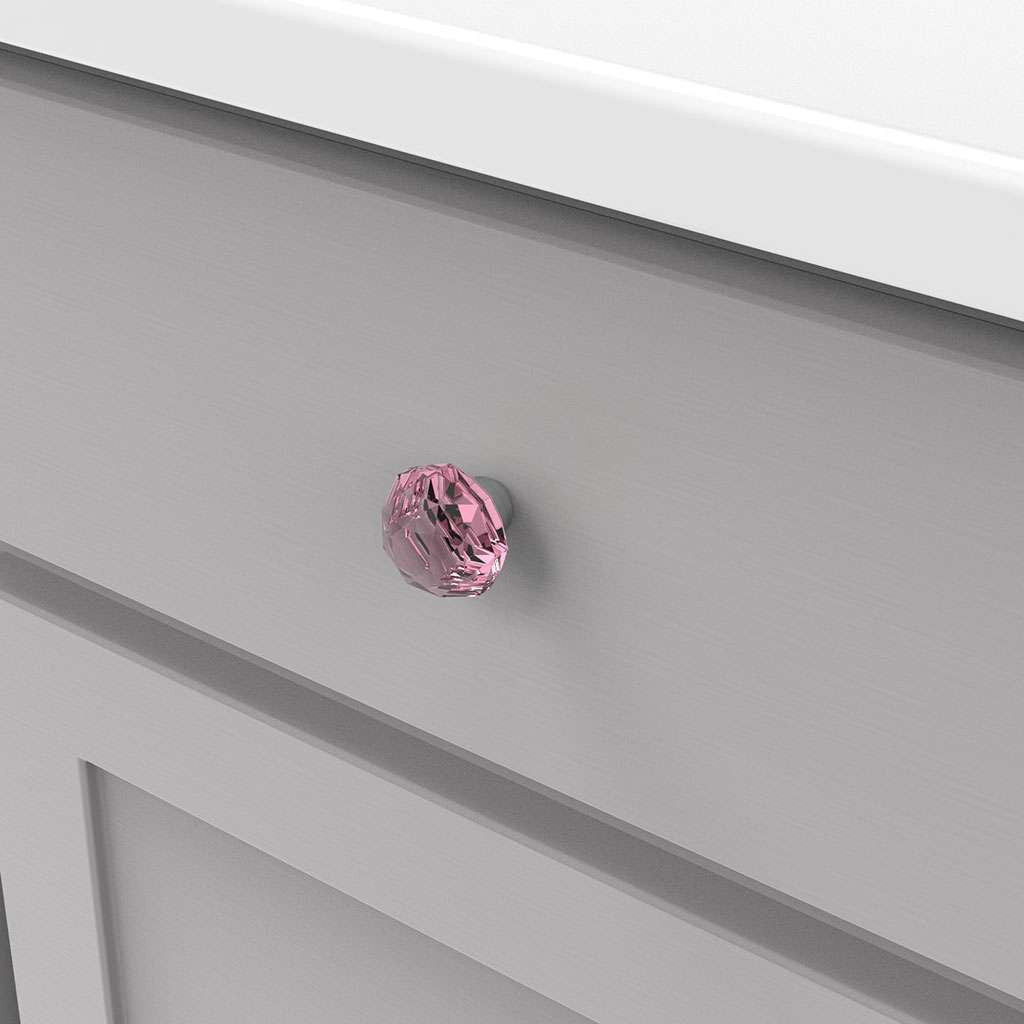 HICKORY Crystal Palace 1-1/4" Diameter Glass Cabinet Knob in Pink and Chrome HH075854-GLCH Mounted