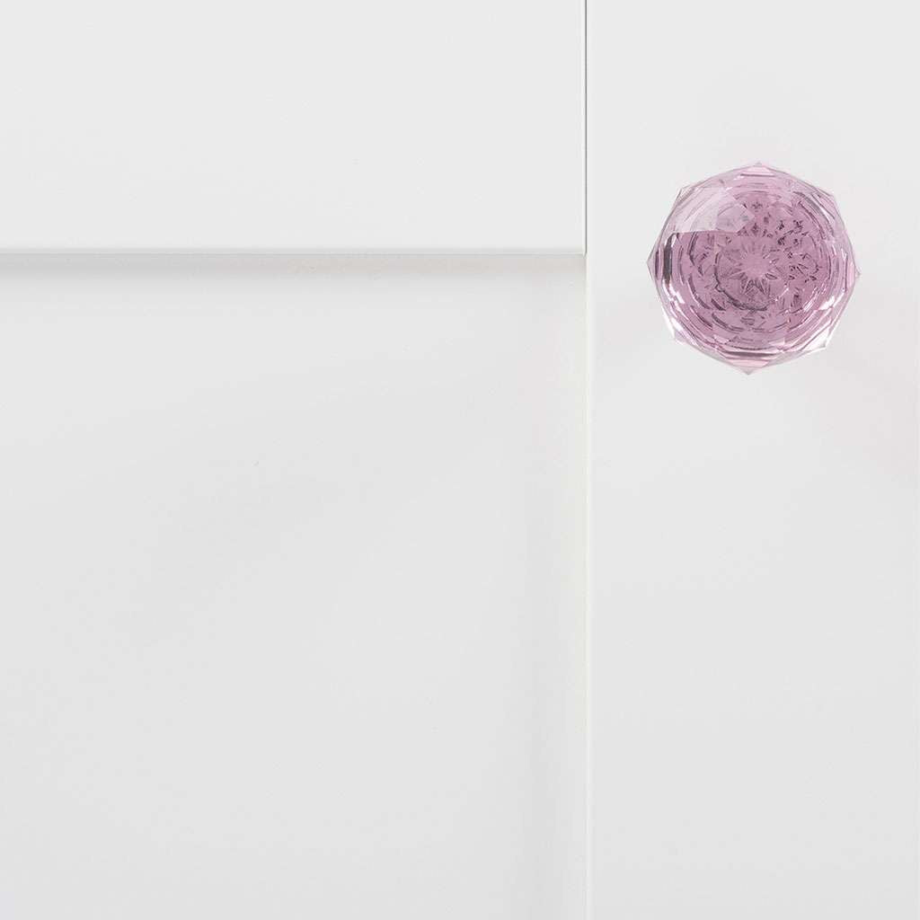 HICKORY Crystal Palace 1-1/4" Diameter Glass Cabinet Knob in Pink and Chrome HH075854-GLCH on White