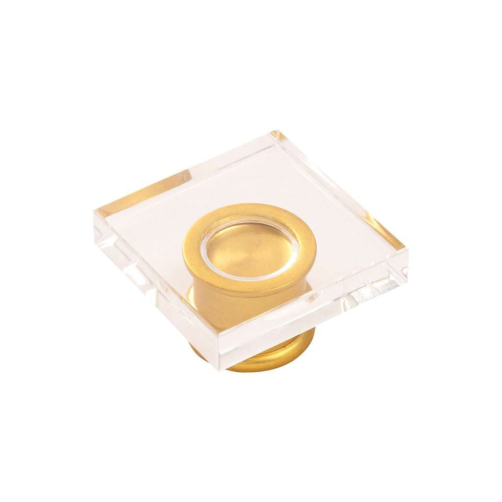 HICKORY Crystal Palace 1-3/8" Length Square Cabinet Knob in Clear and Brushed Golden Brass H079525-CABGB